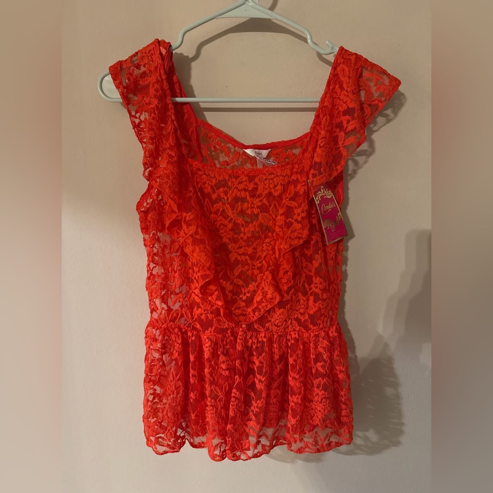 Candie's Poppy Red Floral Lace Peplum Top Ruffle Cap Sleeve JAC713106 Mens M